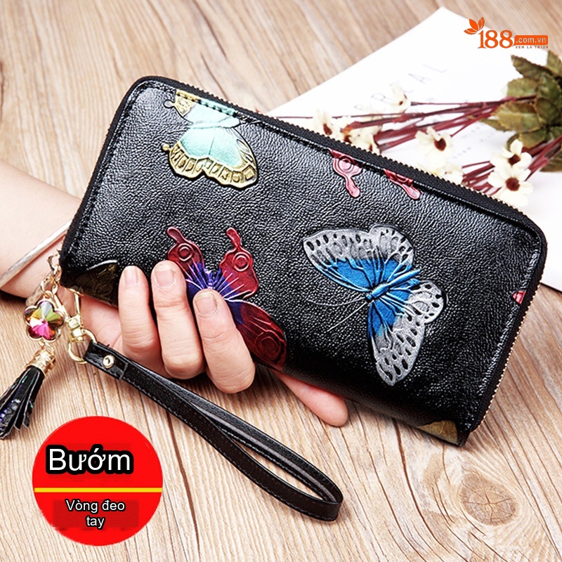 Ví Dài Nữ Da Bóng Khóa Kéo Đa Năng Cỡ Lớn Đựng Điện Thoại Họa Tiết Chim Hoa Màu Nâu chi tiết 5