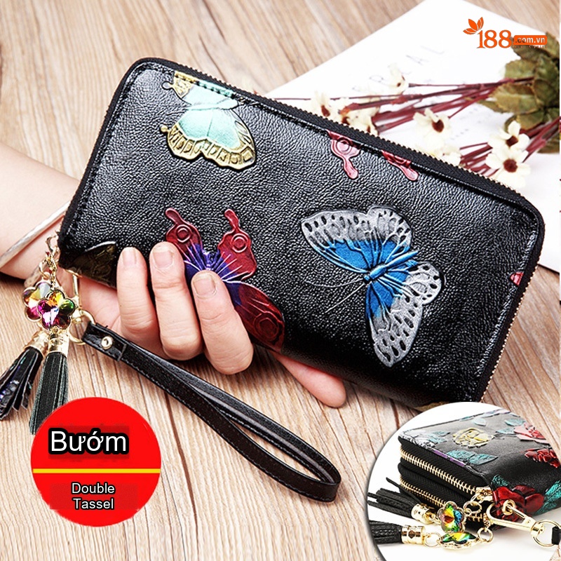 Ví Dài Nữ Da Bóng Khóa Kéo Đa Năng Cỡ Lớn Đựng Điện Thoại Họa Tiết Chim Hoa Màu Nâu chi tiết 9