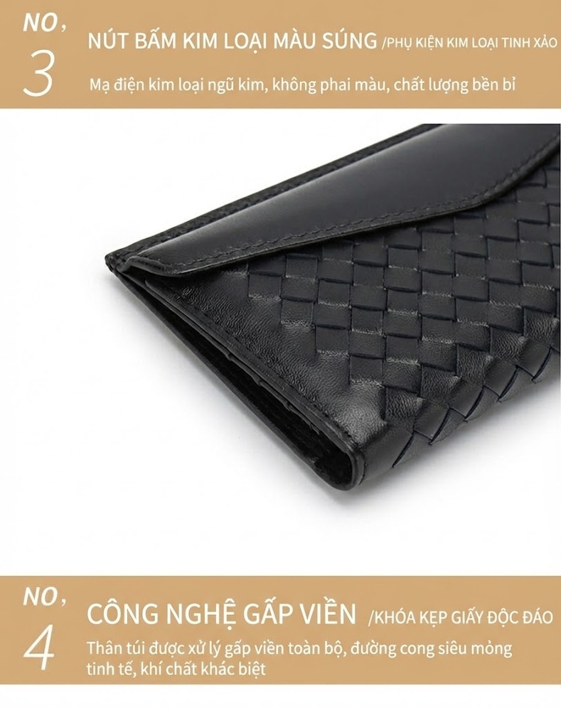 Ví Dài Nữ Da Cừu Dệt Họa Tiết Thời Trang Đựng Thẻ Tiện Dụng Màu Đen, Xanh Navy chi tiết 16