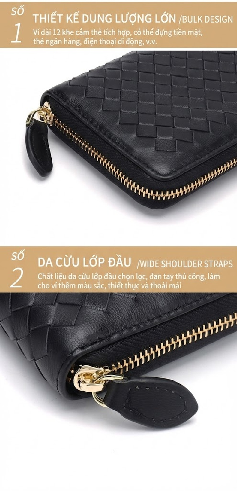 Ví Dài Nữ Da Cừu Thật Thủ Công Đan Họa Tiết Card Holder Màu Đen, Xanh Navy, Hồng chi tiết 14