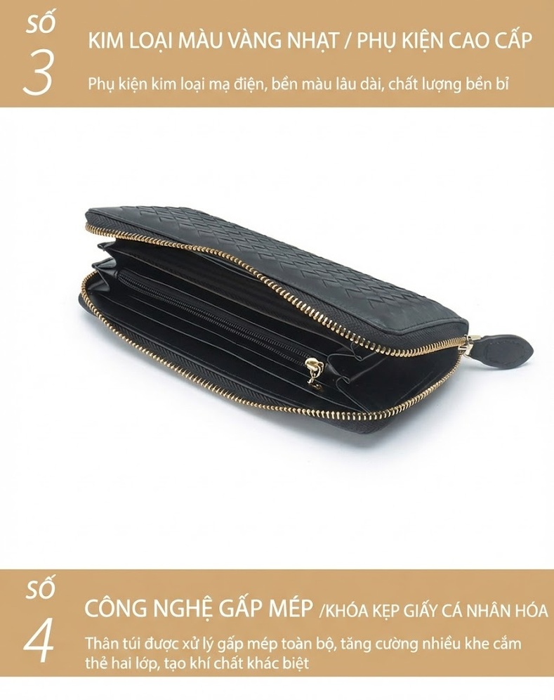 Ví Dài Nữ Da Cừu Thật Thủ Công Đan Họa Tiết Card Holder Màu Đen, Xanh Navy, Hồng chi tiết 15