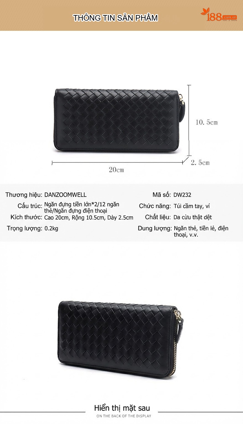 Ví Dài Nữ Da Cừu Thật Thủ Công Đan Họa Tiết Card Holder Màu Đen, Xanh Navy, Hồng chi tiết 10