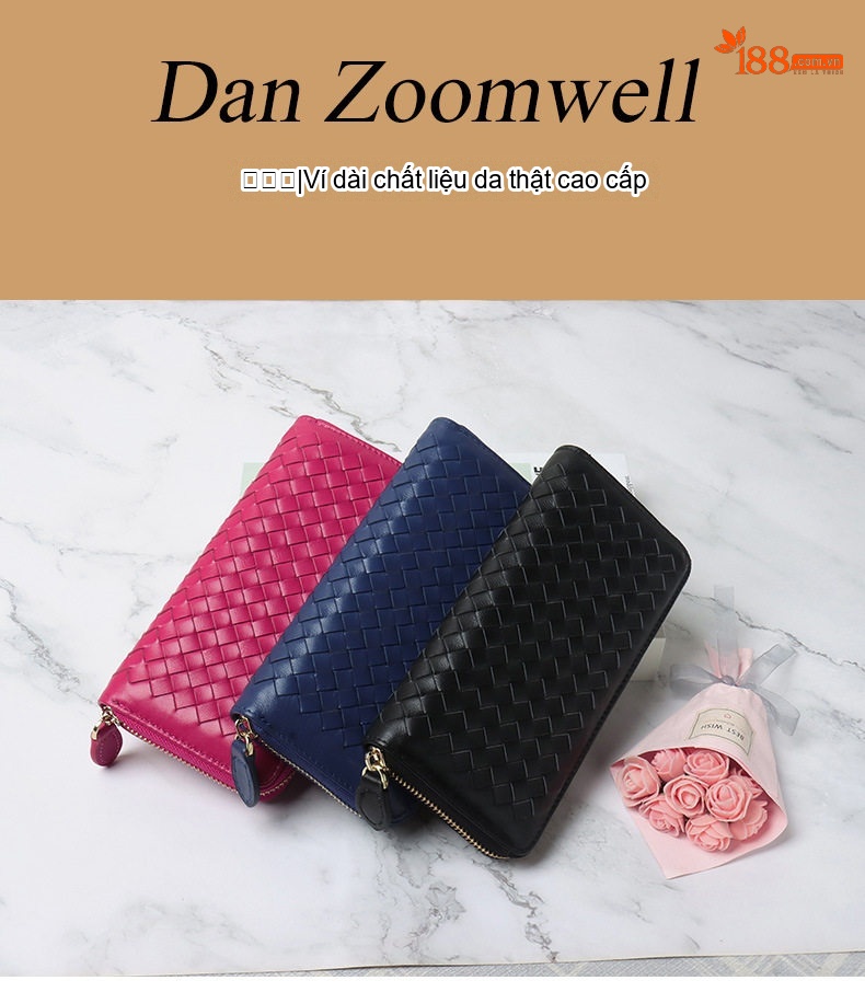 Ví Dài Nữ Da Cừu Thật Thủ Công Đan Họa Tiết Card Holder Màu Đen, Xanh Navy, Hồng chi tiết 1
