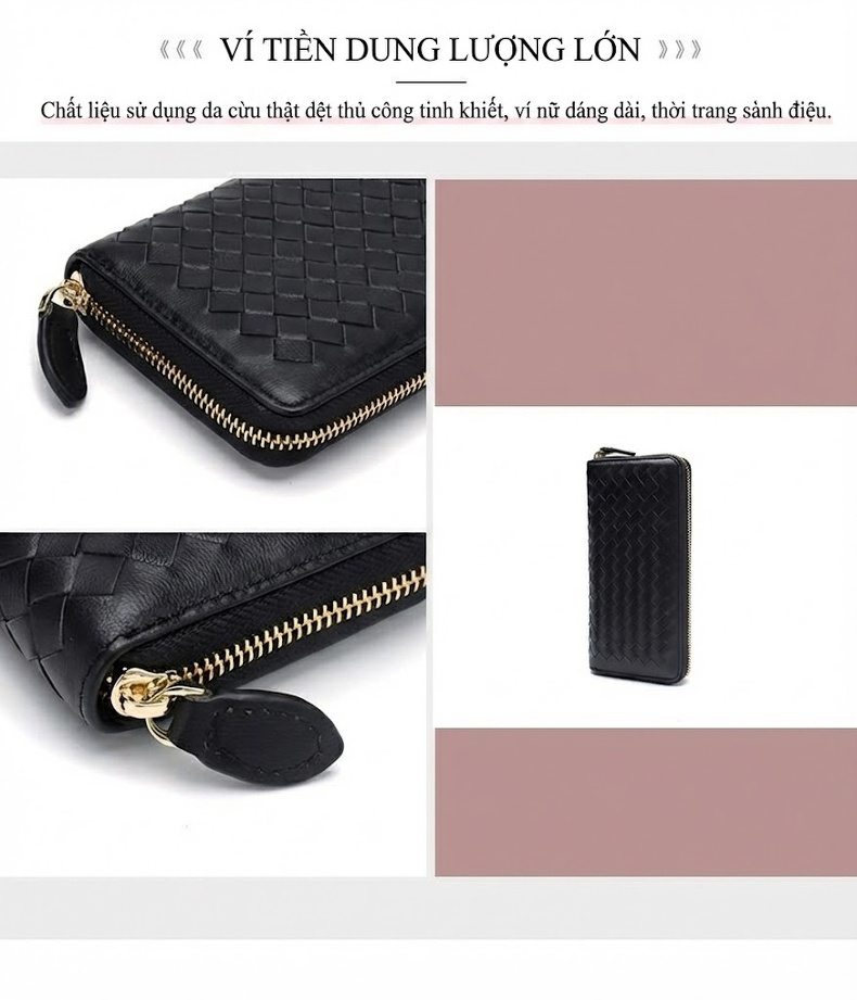 Ví Dài Nữ Da Cừu Thật Thủ Công Đan Họa Tiết Card Holder Màu Đen, Xanh Navy, Hồng chi tiết 6