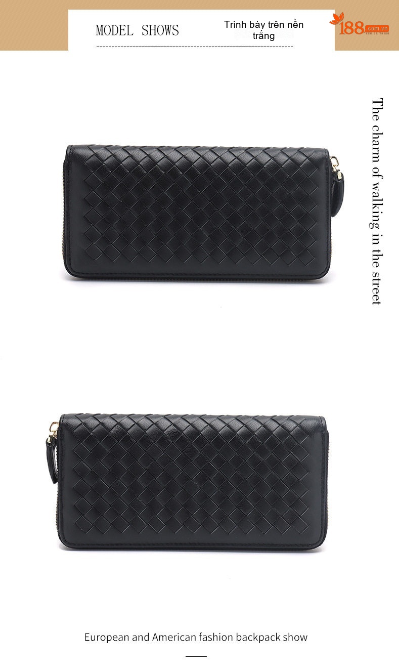 Ví Dài Nữ Da Cừu Thật Thủ Công Đan Họa Tiết Card Holder Màu Đen, Xanh Navy, Hồng chi tiết 7