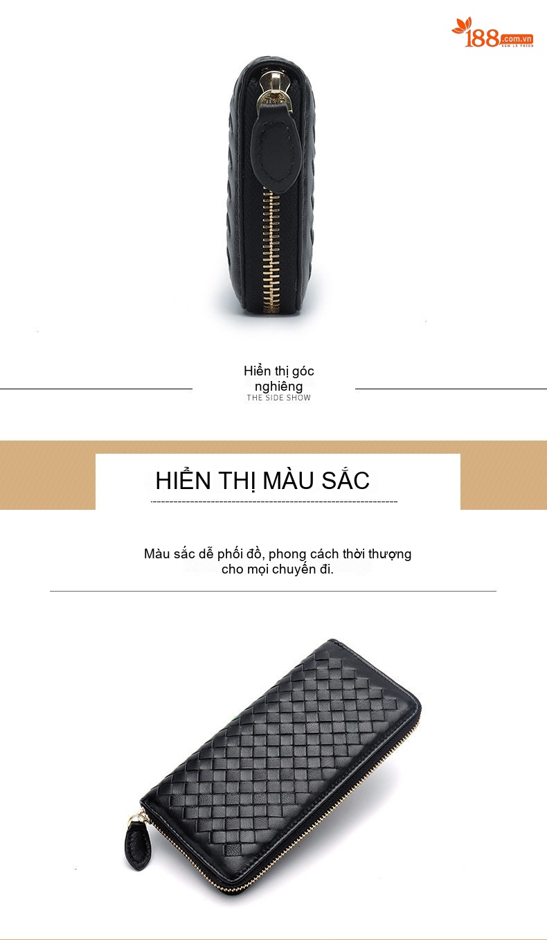 Ví Dài Nữ Da Cừu Thật Thủ Công Đan Họa Tiết Card Holder Màu Đen, Xanh Navy, Hồng chi tiết 11