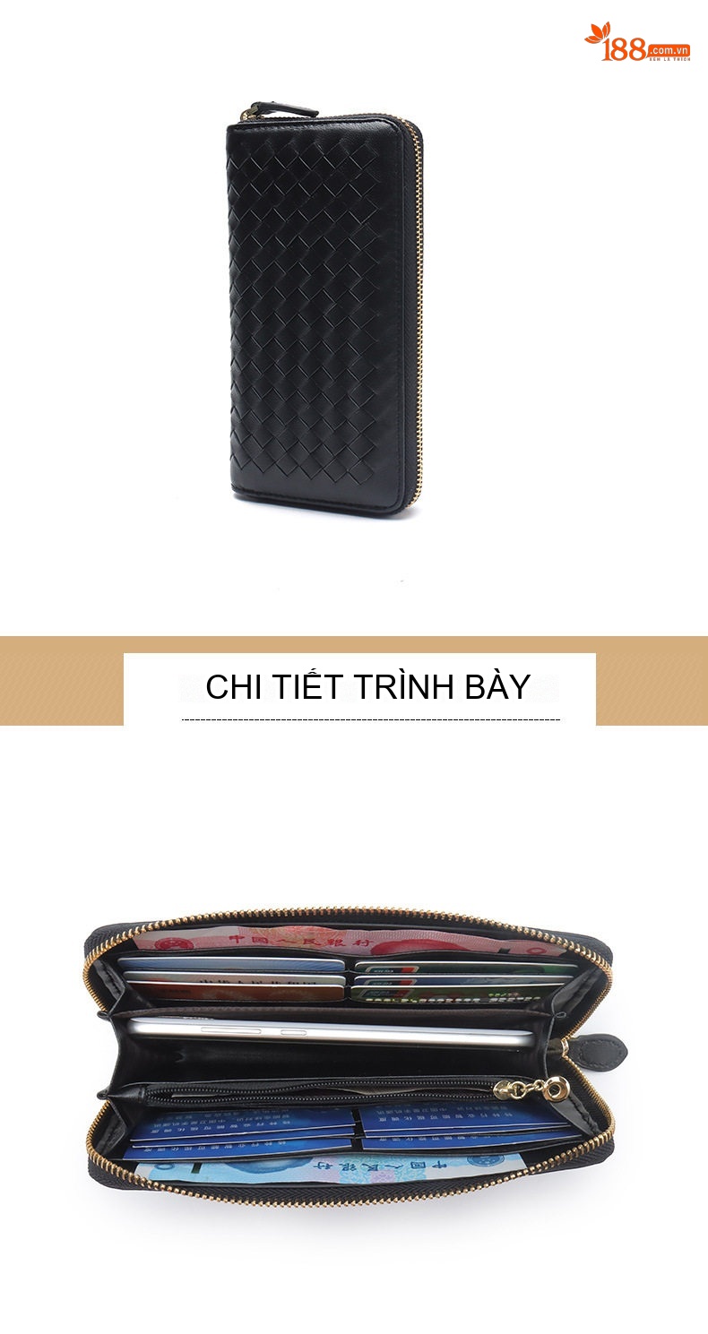 Ví Dài Nữ Da Cừu Thật Thủ Công Đan Họa Tiết Card Holder Màu Đen, Xanh Navy, Hồng chi tiết 13