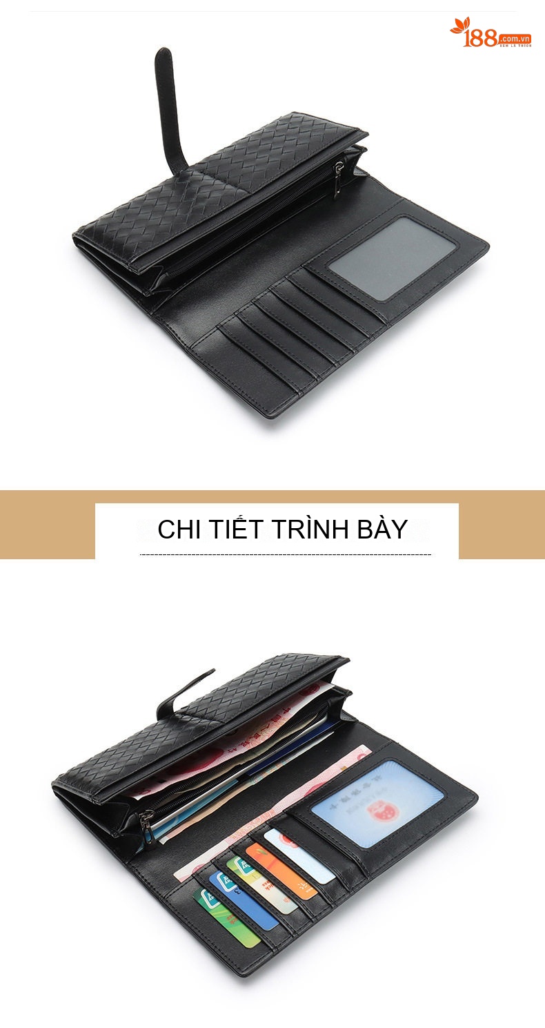 Ví Dài Nữ Da Cừu Thủ Công Đan Ba Gấp Phong Cách Hàn Quốc Màu Đen, Xanh Dương, Hồng chi tiết 14