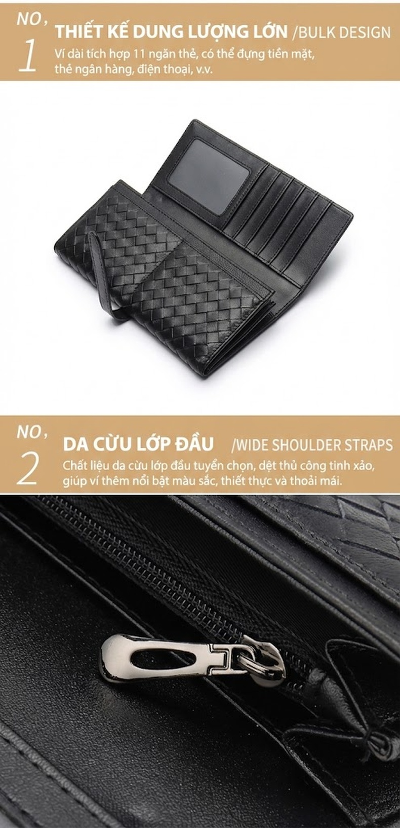 Ví Dài Nữ Da Cừu Thủ Công Đan Ba Gấp Phong Cách Hàn Quốc Màu Đen, Xanh Dương, Hồng chi tiết 15