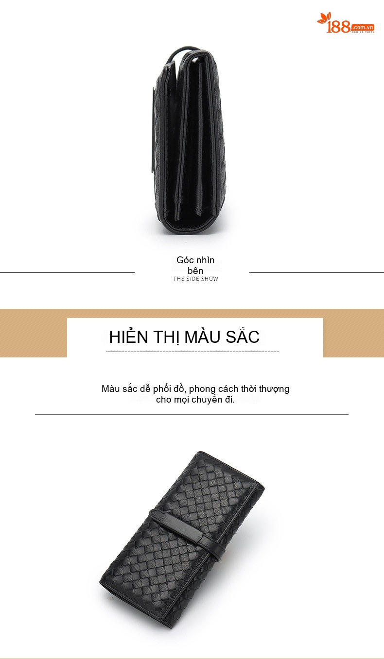 Ví Dài Nữ Da Cừu Thủ Công Đan Ba Gấp Phong Cách Hàn Quốc Màu Đen, Xanh Dương, Hồng chi tiết 11