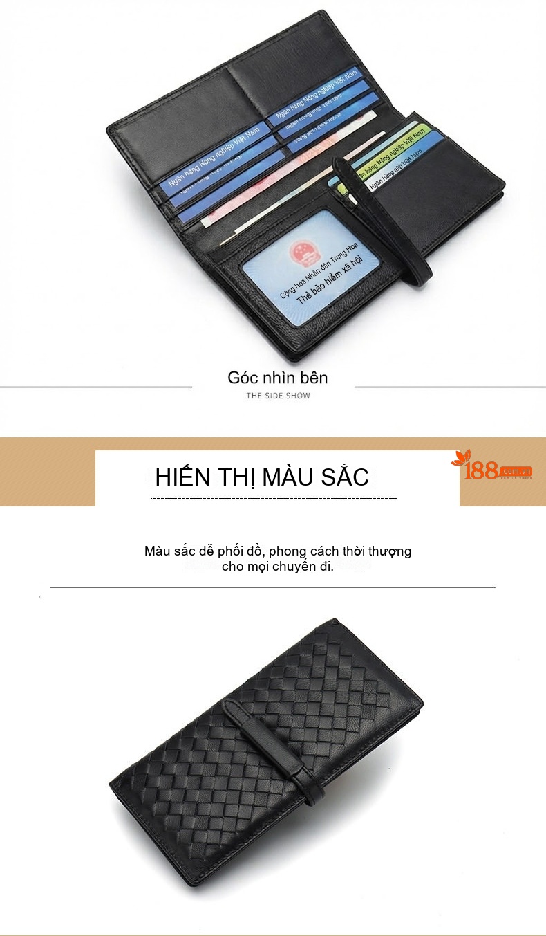 Ví Dài Nữ Da Cừu Thủ Công Đan Dệt 2 Gấp Phong Cách Hàn Quốc Màu Đen, Xanh Navy chi tiết 11