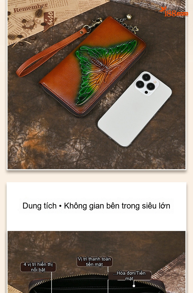 Ví Dài Nữ Da Thật Đa Năng Khóa Kéo Dập Nổi Họa Tiết Dân Tộc Cổ Điển Màu Nâu chi tiết 5