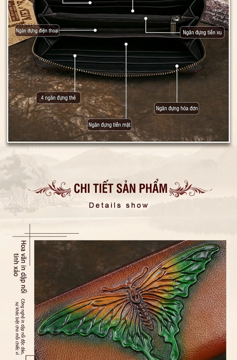 Ví Dài Nữ Da Thật Đa Năng Khóa Kéo Dập Nổi Họa Tiết Dân Tộc Cổ Điển Màu Nâu chi tiết 6