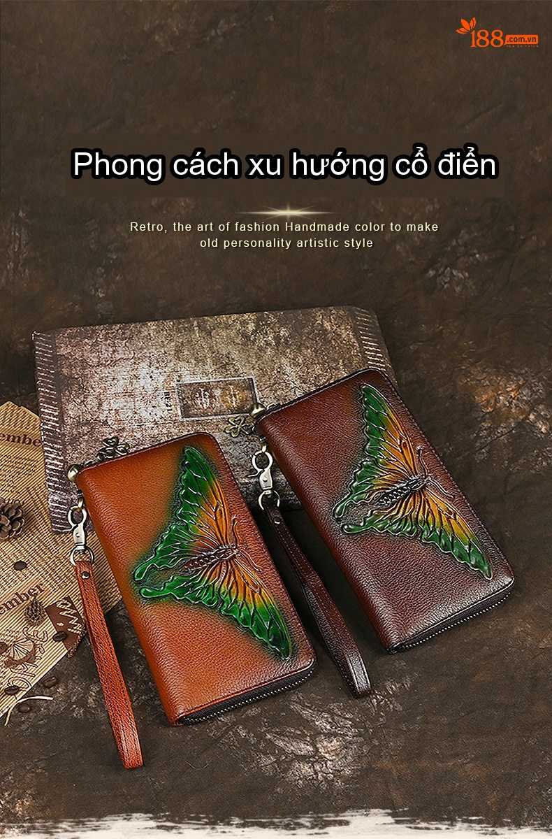 Ví Dài Nữ Da Thật Đa Năng Khóa Kéo Dập Nổi Họa Tiết Dân Tộc Cổ Điển Màu Nâu chi tiết 1