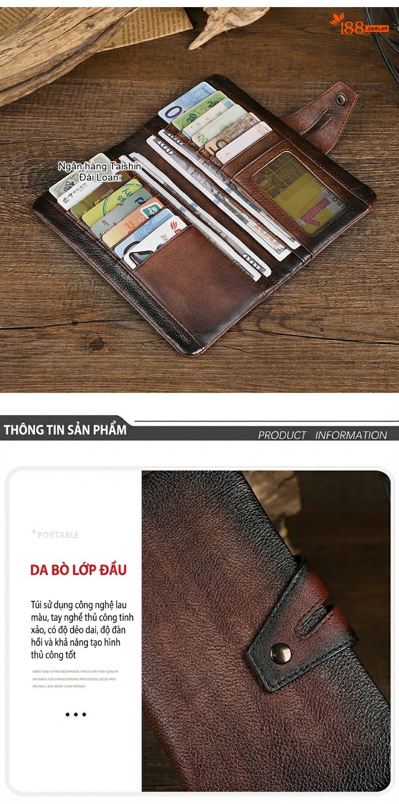 Ví Dài Nữ Da Thật Đựng Điện Thoại Kiểu Âu Mỹ Nhiều Ngăn Màu Nâu chi tiết 11