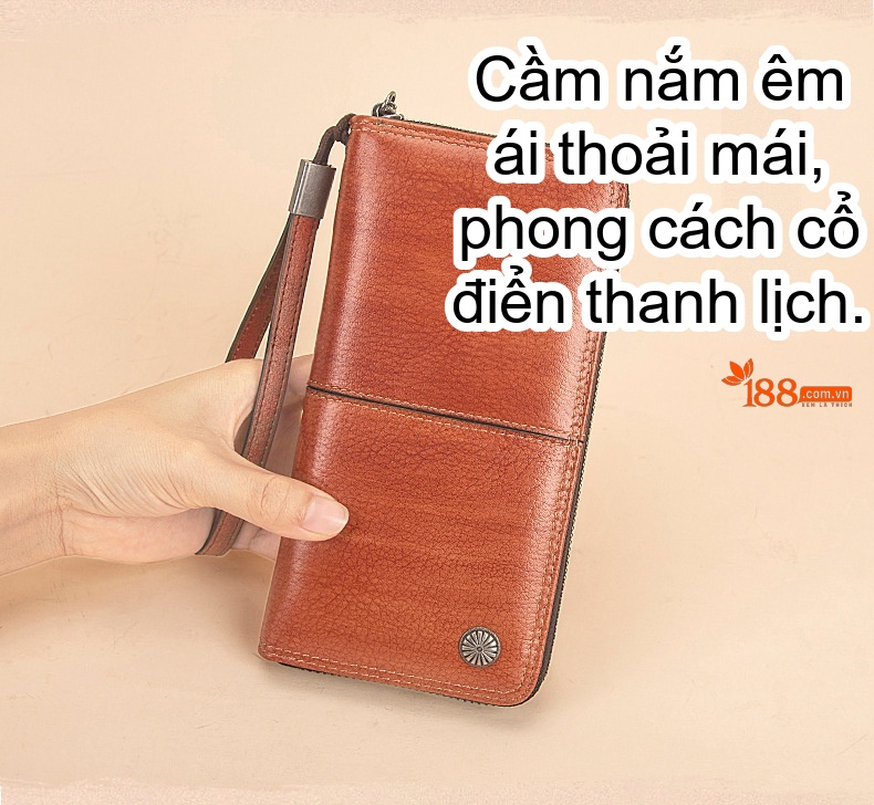 Ví Dài Nữ Da Thật Đựng Thẻ Tiền Điện Thoại Khóa Kéo Cầm Tay Màu Nâu, Xanh Dương, Hồng chi tiết 1