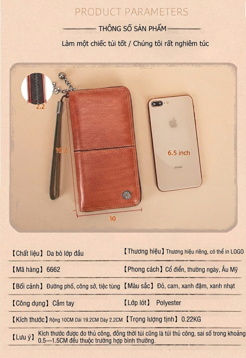 Ví Dài Nữ Da Thật Đựng Thẻ Tiền Điện Thoại Khóa Kéo Cầm Tay Màu Nâu, Xanh Dương, Hồng chi tiết 4