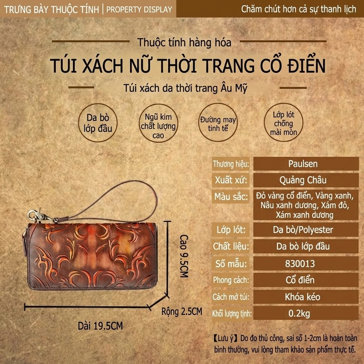 Ví Dài Nữ Da Thật Khắc Hoa Văn Phong Cách Trung Hoa Cầm Tay Đựng Điện Thoại Màu Nâu chi tiết 4