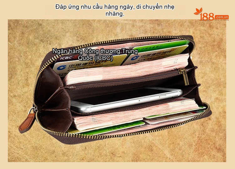 Ví Dài Nữ Da Thật Khắc Hoa Văn Phong Cách Trung Hoa Cầm Tay Đựng Điện Thoại Màu Nâu chi tiết 7