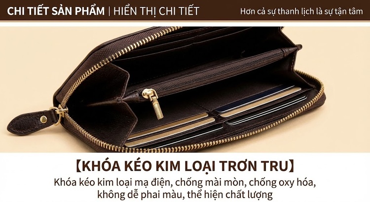 Ví Dài Nữ Da Thật Khắc Hoa Văn Phong Cách Trung Hoa Cầm Tay Đựng Điện Thoại Màu Nâu chi tiết 9