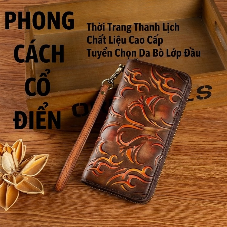 Ví Dài Nữ Da Thật Khắc Hoa Văn Phong Cách Trung Hoa Cầm Tay Đựng Điện Thoại Màu Nâu chi tiết 12