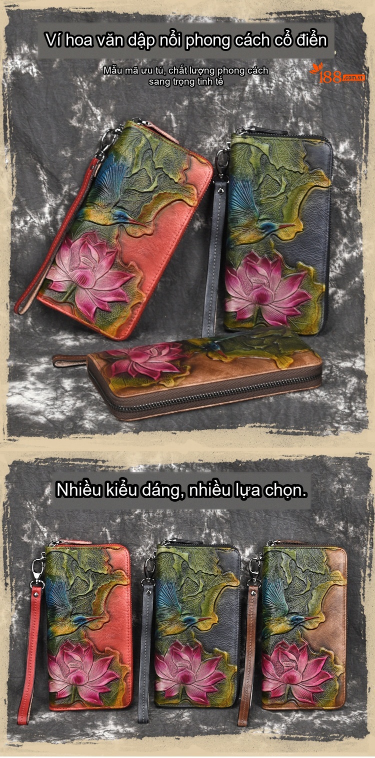 Ví Dài Nữ Da Thật Khắc Hoa Văn Vintage Nhiều Ngăn Khóa Kéo chi tiết 1