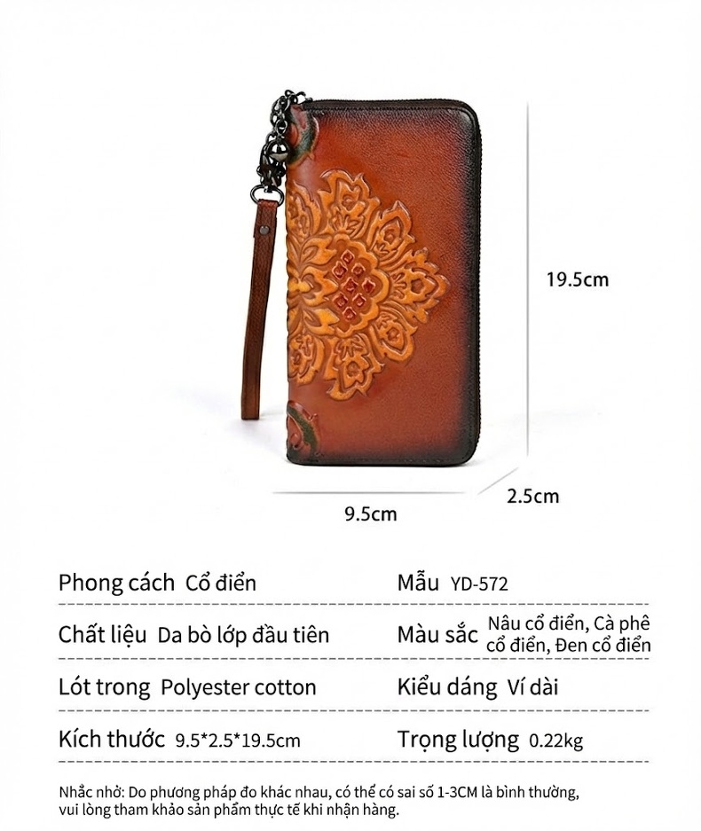Ví Dài Nữ Da Thật Khóa Kéo In Họa Tiết Cầm Tay Đa Năng Màu Nâu, Đen, Xanh Lá chi tiết 3