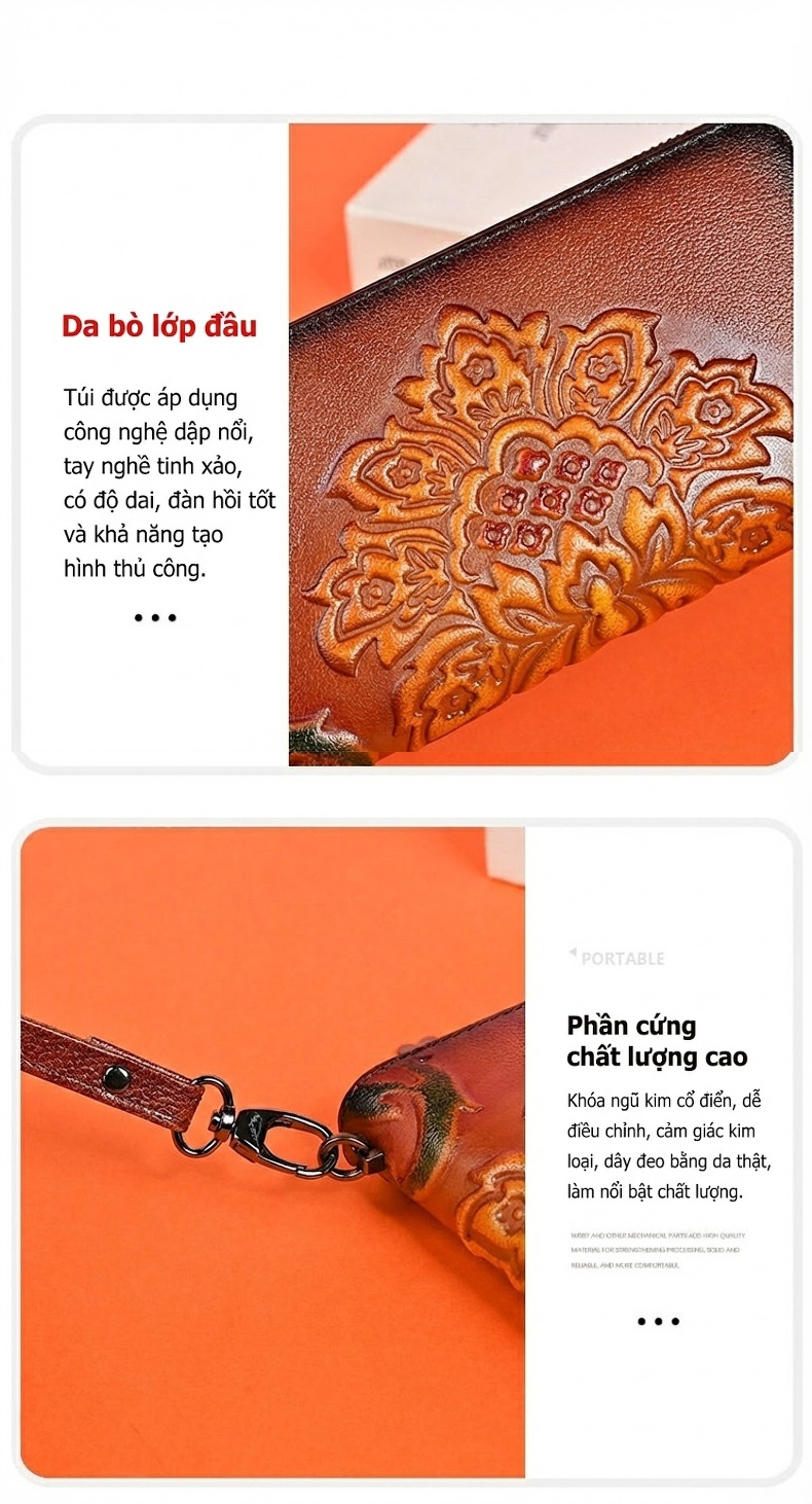 Ví Dài Nữ Da Thật Khóa Kéo In Họa Tiết Cầm Tay Đa Năng Màu Nâu, Đen, Xanh Lá chi tiết 15