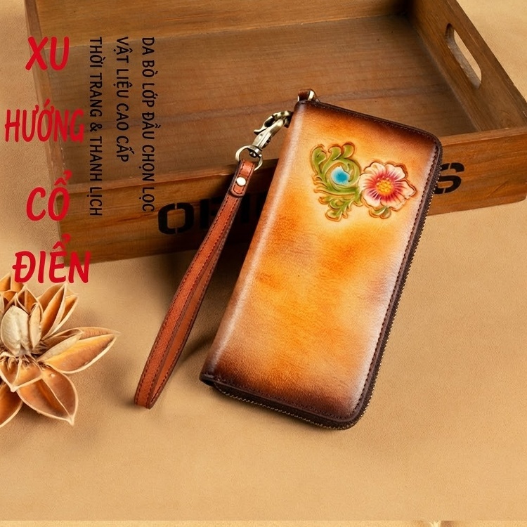 Ví Dài Nữ Da Thật Khóa Kéo Phong Cách Retro, Ví Cầm Tay Đa Năng Màu Nâu, Xanh Dương, Xanh Lá... chi tiết 3