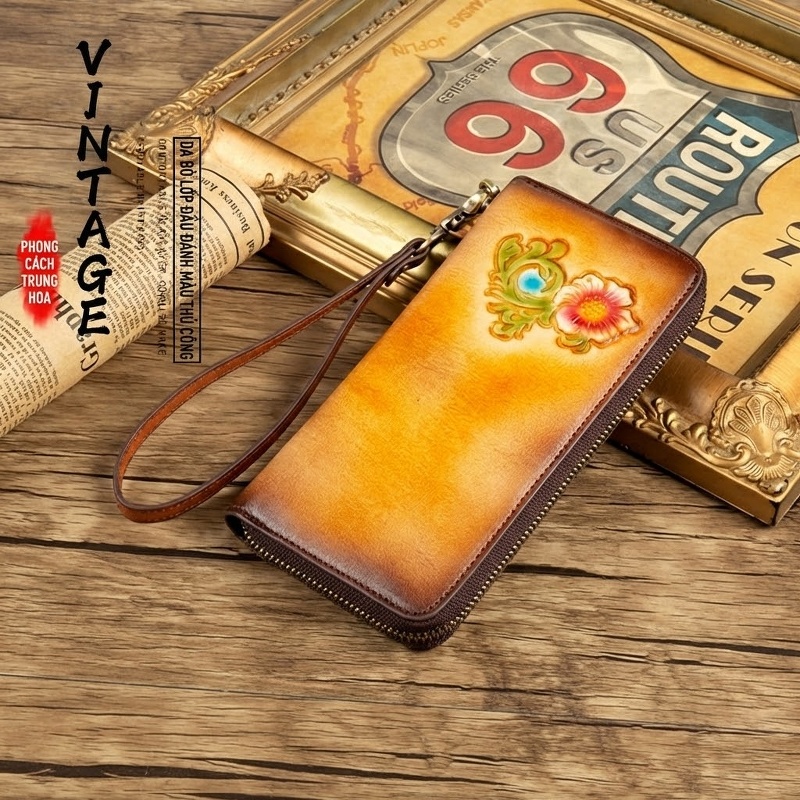 Ví Dài Nữ Da Thật Khóa Kéo Phong Cách Retro, Ví Cầm Tay Đa Năng Màu Nâu, Xanh Dương, Xanh Lá...