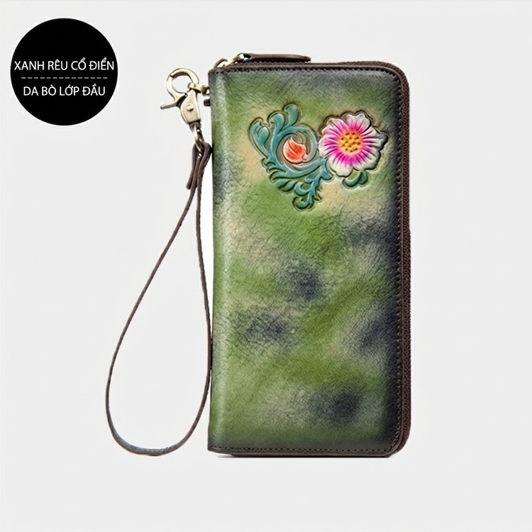 Ví Dài Nữ Da Thật Khóa Kéo Phong Cách Retro, Ví Cầm Tay Đa Năng Màu Nâu, Xanh Dương, Xanh Lá... chi tiết 7