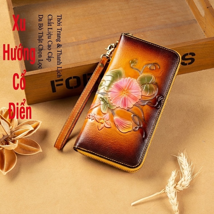 Ví Dài Nữ Da Thật Thủ Công Khóa Kéo Hoa Văn Màu Nâu, Đỏ chi tiết 3