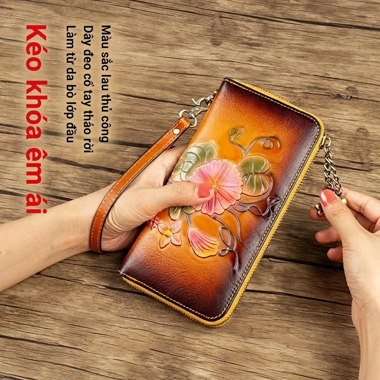 Ví Dài Nữ Da Thật Thủ Công Khóa Kéo Hoa Văn Màu Nâu, Đỏ chi tiết 4