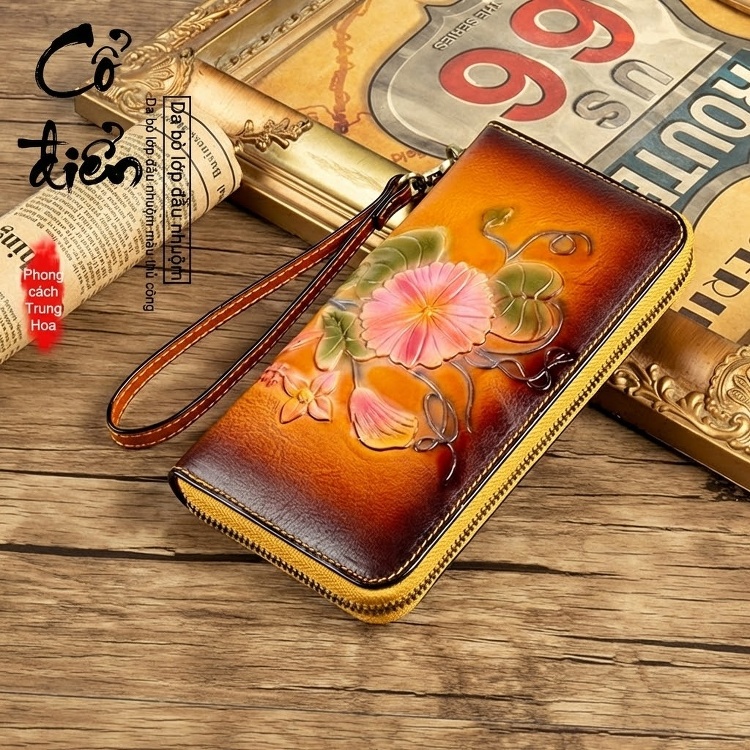 Ví Dài Nữ Da Thật Thủ Công Khóa Kéo Hoa Văn Màu Nâu, Đỏ chi tiết 5