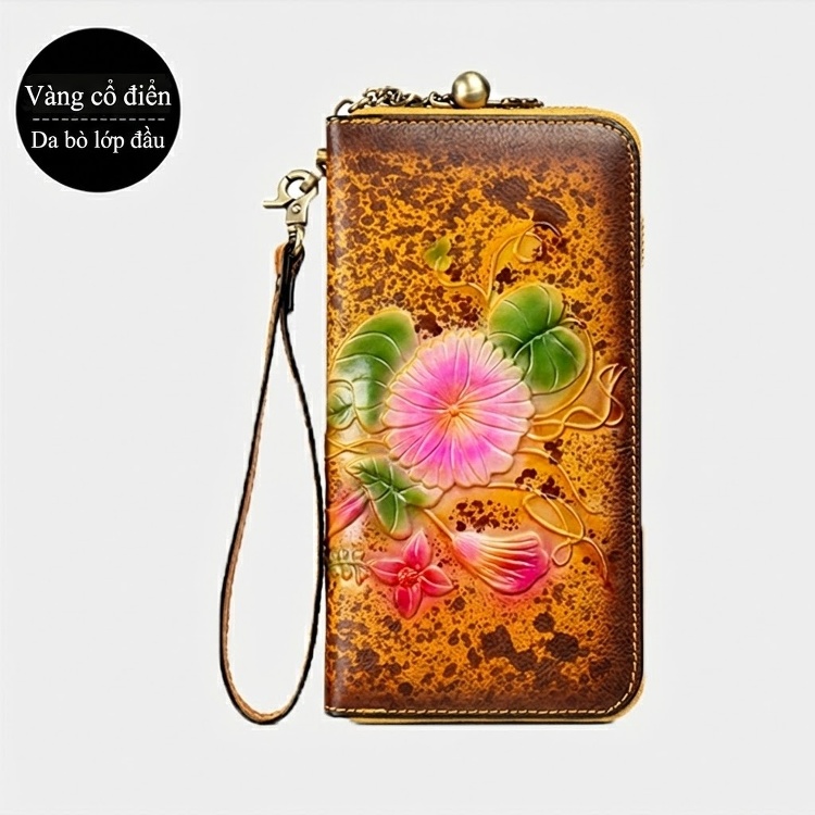 Ví Dài Nữ Da Thật Thủ Công Khóa Kéo Hoa Văn Màu Nâu, Đỏ chi tiết 9