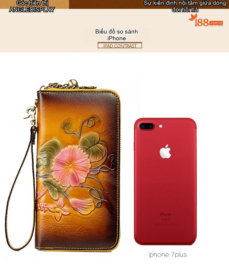 Ví Dài Nữ Da Thật Thủ Công Khóa Kéo Hoa Văn Màu Nâu, Đỏ chi tiết 13