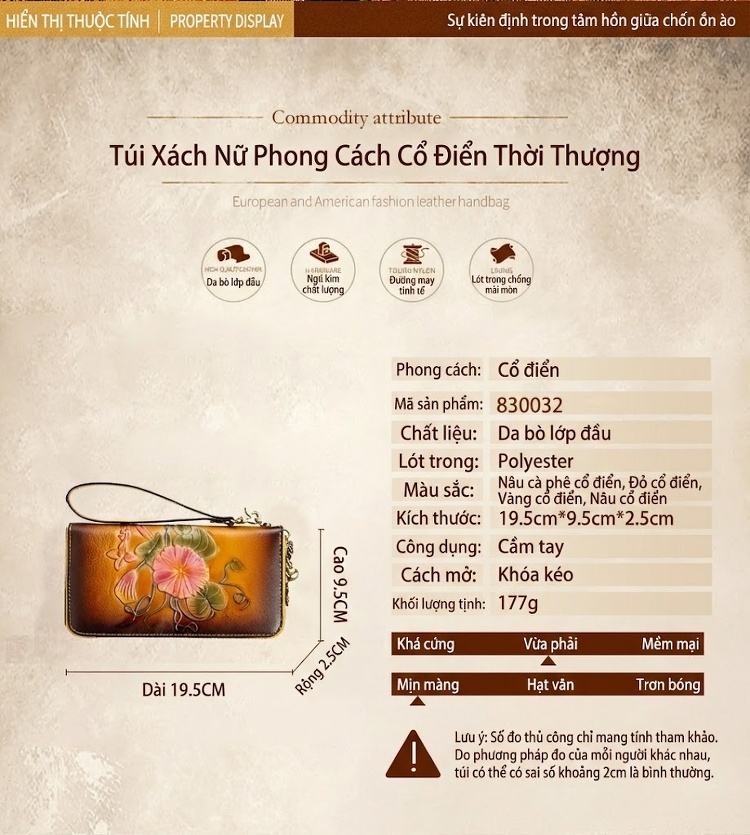 Ví Dài Nữ Da Thật Thủ Công Khóa Kéo Hoa Văn Màu Nâu, Đỏ chi tiết 16