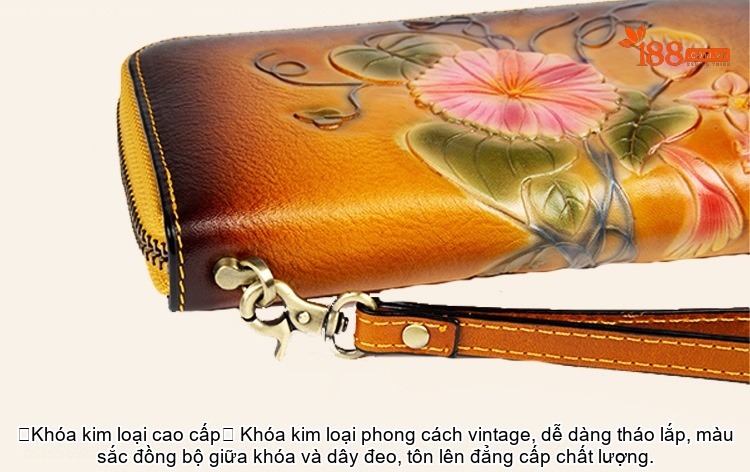 Ví Dài Nữ Da Thật Thủ Công Khóa Kéo Hoa Văn Màu Nâu, Đỏ chi tiết 17