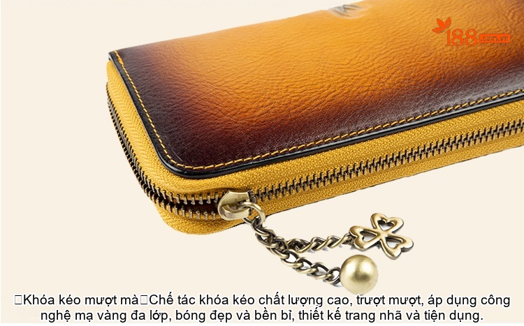 Ví Dài Nữ Da Thật Thủ Công Khóa Kéo Hoa Văn Màu Nâu, Đỏ chi tiết 18