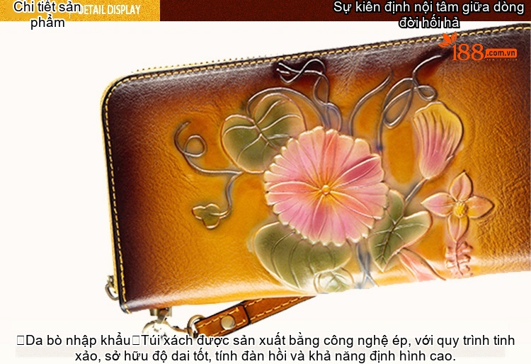 Ví Dài Nữ Da Thật Thủ Công Khóa Kéo Hoa Văn Màu Nâu, Đỏ chi tiết 19