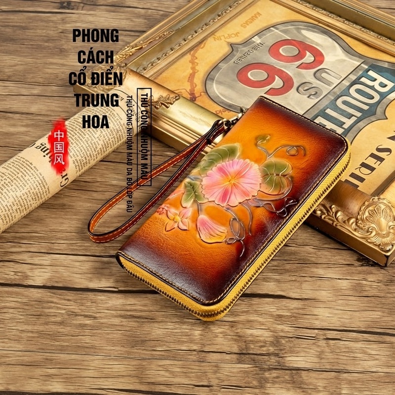 Ví Dài Nữ Da Thật Thủ Công Khóa Kéo Hoa Văn Màu Nâu, Đỏ