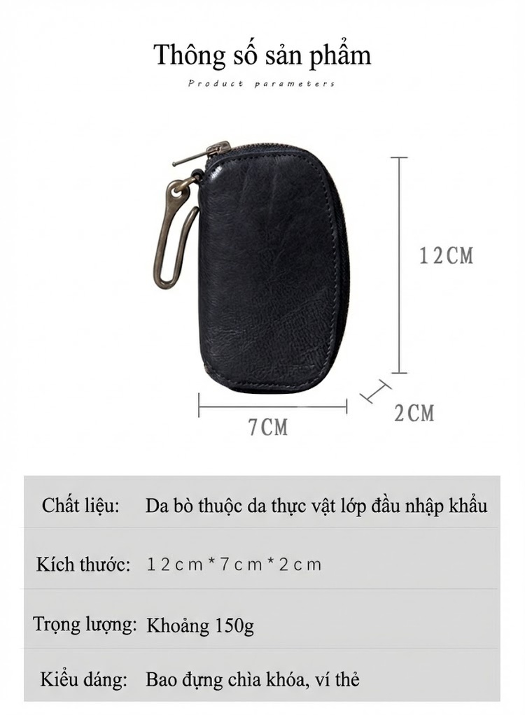 Ví Đựng Chìa Khóa Da Bò Móc Khóa Đồng Nguyên Chất Thủ Công Vintage Màu Đen, Nâu chi tiết 1