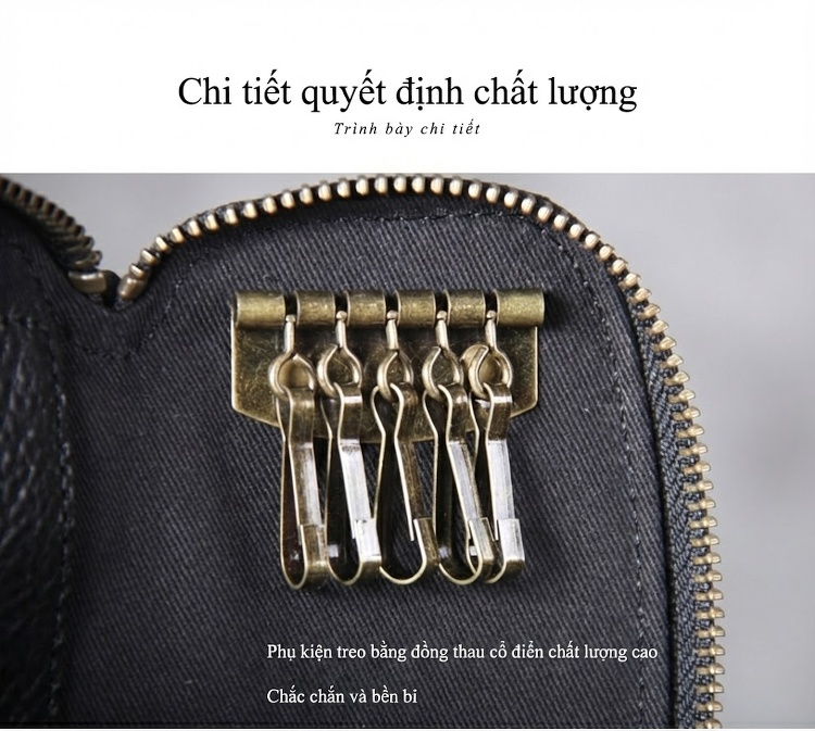 Ví Đựng Chìa Khóa Da Bò Móc Khóa Đồng Nguyên Chất Thủ Công Vintage Màu Đen, Nâu chi tiết 9