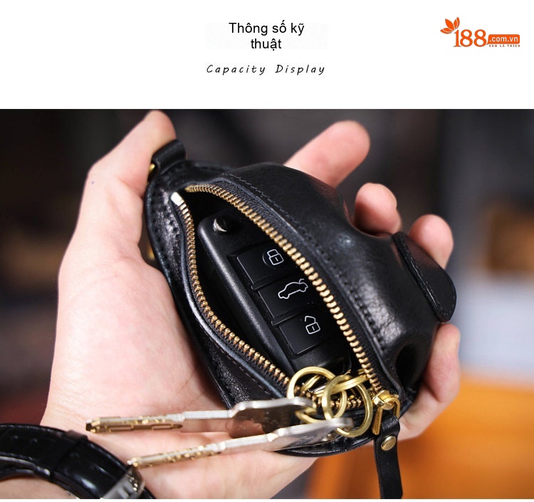 Ví Đựng Chìa Khóa Da Bò Vintage Khóa Kéo Tiện Lợi Màu Đen, Vàng chi tiết 2