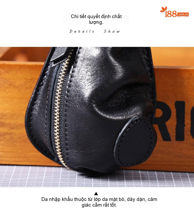 Ví Đựng Chìa Khóa Da Bò Vintage Khóa Kéo Tiện Lợi Màu Đen, Vàng chi tiết 3