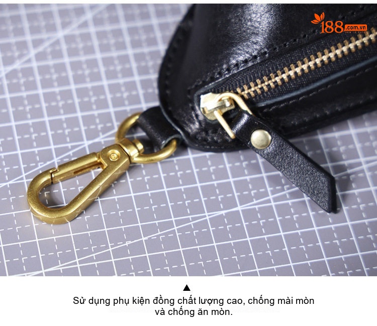 Ví Đựng Chìa Khóa Da Bò Vintage Khóa Kéo Tiện Lợi Màu Đen, Vàng chi tiết 4