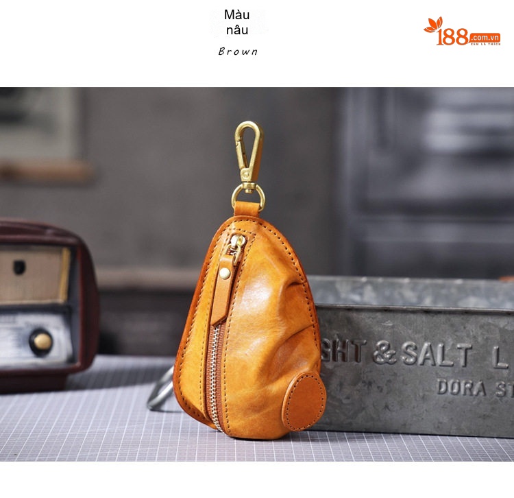 Ví Đựng Chìa Khóa Da Bò Vintage Khóa Kéo Tiện Lợi Màu Đen, Vàng chi tiết 12