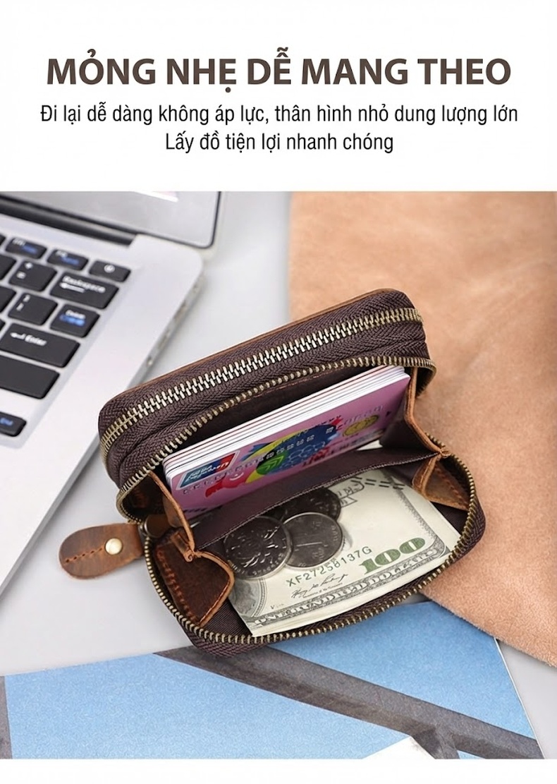 Ví Đựng Chìa Khóa Da Thật Phong Cách Retro, Ví Tiền Xu Cầm Tay Màu Nâu chi tiết 3