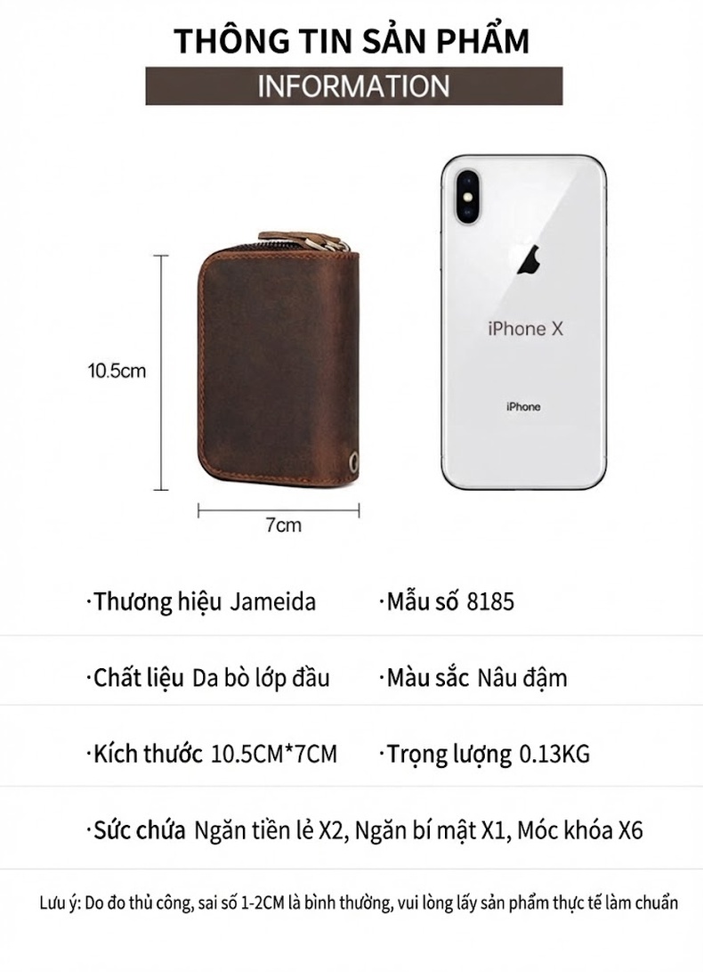Ví Đựng Chìa Khóa Da Thật Phong Cách Retro, Ví Tiền Xu Cầm Tay Màu Nâu chi tiết 7