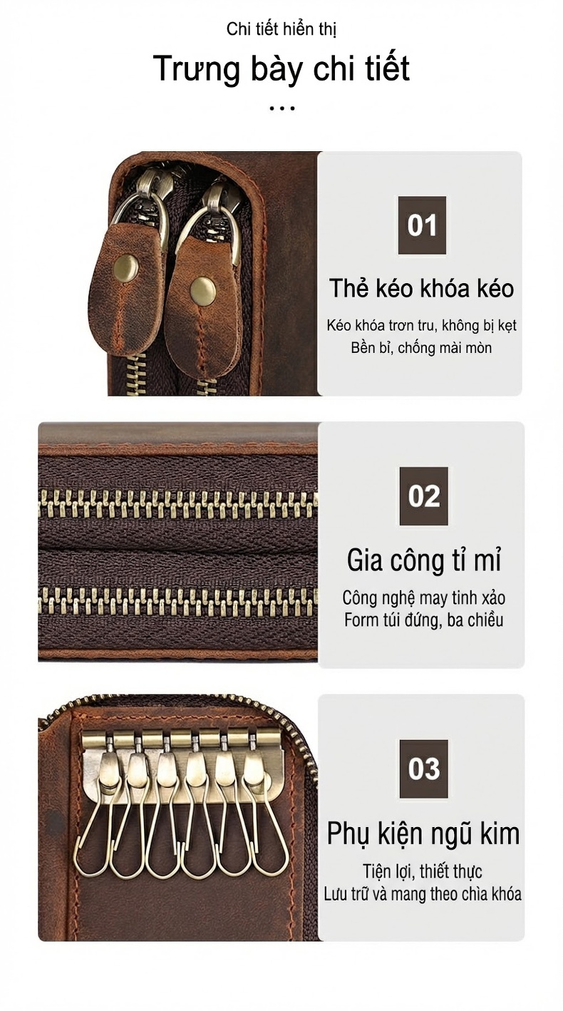 Ví Đựng Chìa Khóa Da Thật Phong Cách Retro, Ví Tiền Xu Cầm Tay Màu Nâu chi tiết 6